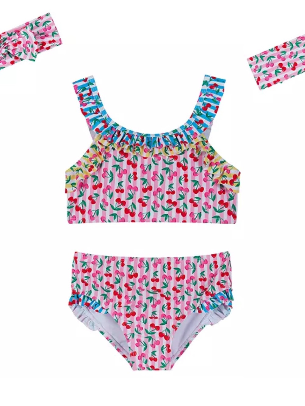 Andy & Evan Pink Cherry Print Two-Piece Swim Set with Blue Ruffle